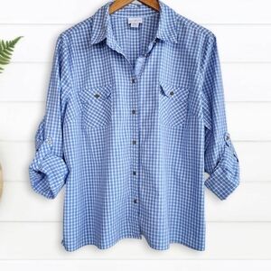 Jaclyn Smith | Gingham Button Down Roll Tab Casual Top Shirt Blue White Women XL